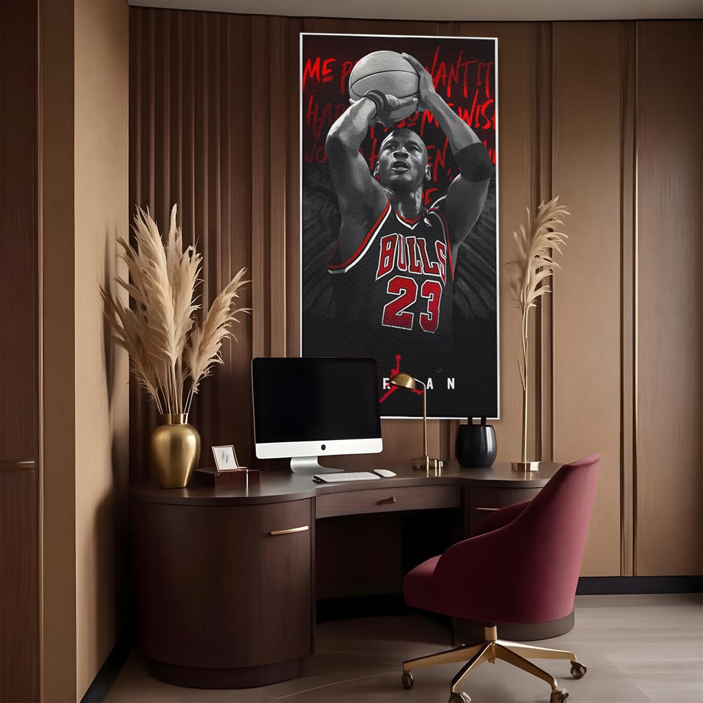 Tablou canvas cu tablou canvas cu michael jordan in actiune, in rama de aluminiu argintiu, pe perete intr-un birou
